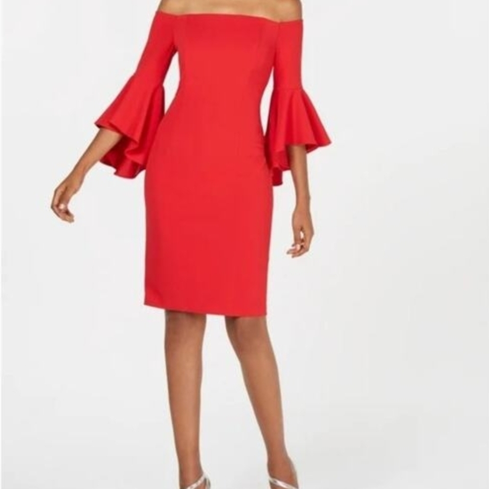 Calvin Klein Red Off-Shoulder Long Bell Sleeve Dress Sz 6 - Picture 2 of 6